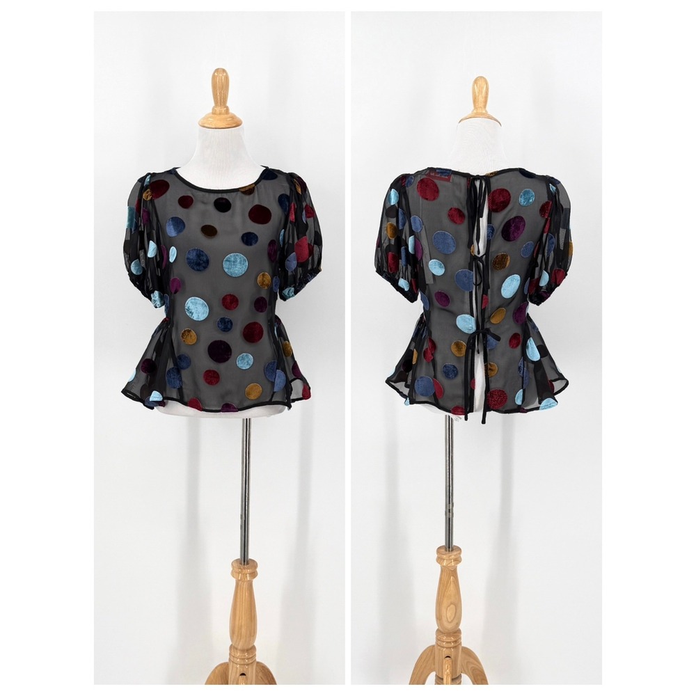 LISA SAYS GAH Blouse Women Small Black Polka Dot Velvet Sheer Peplum Tie Back
